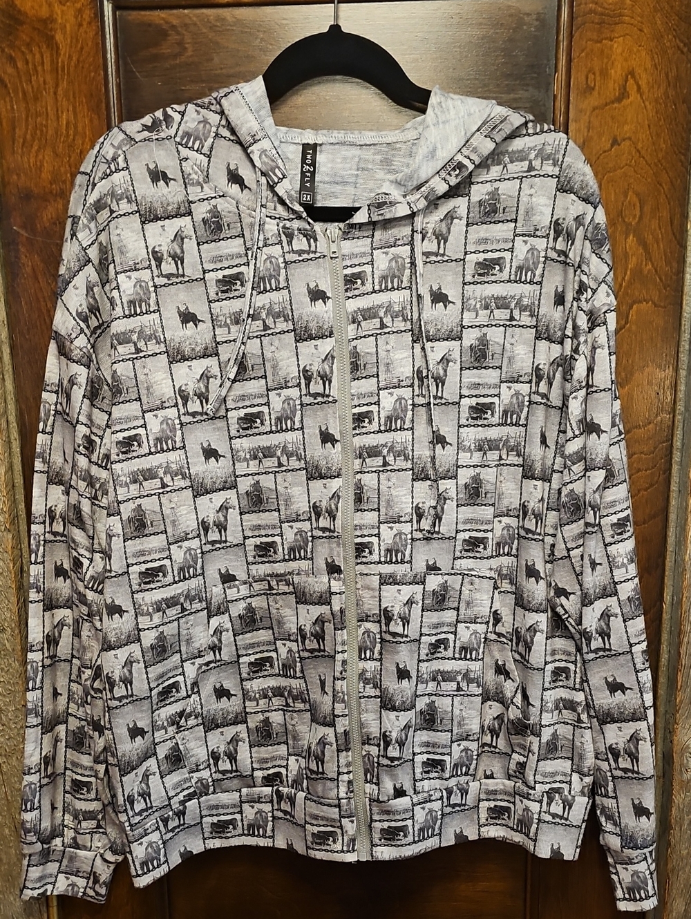 Gray Western Graphic Zip Hoodie